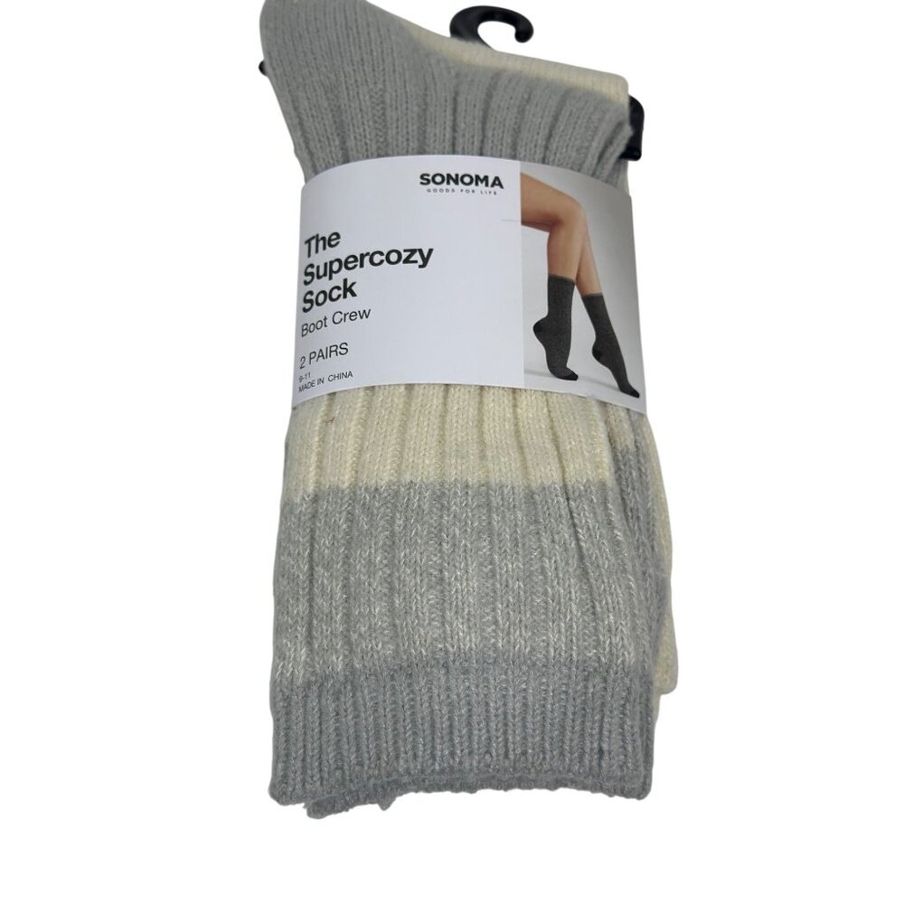 NEW Sonoma Super Cozy Boot Sock 2-Pair Set Gray Beige Fleece Size 9–11 Soft Crew